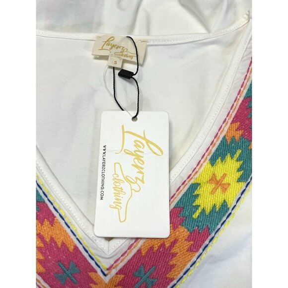 Layerz Shift Dress White Colorful Embroidered Southwestern Oversized S/S Size S - Picture 2 of 15